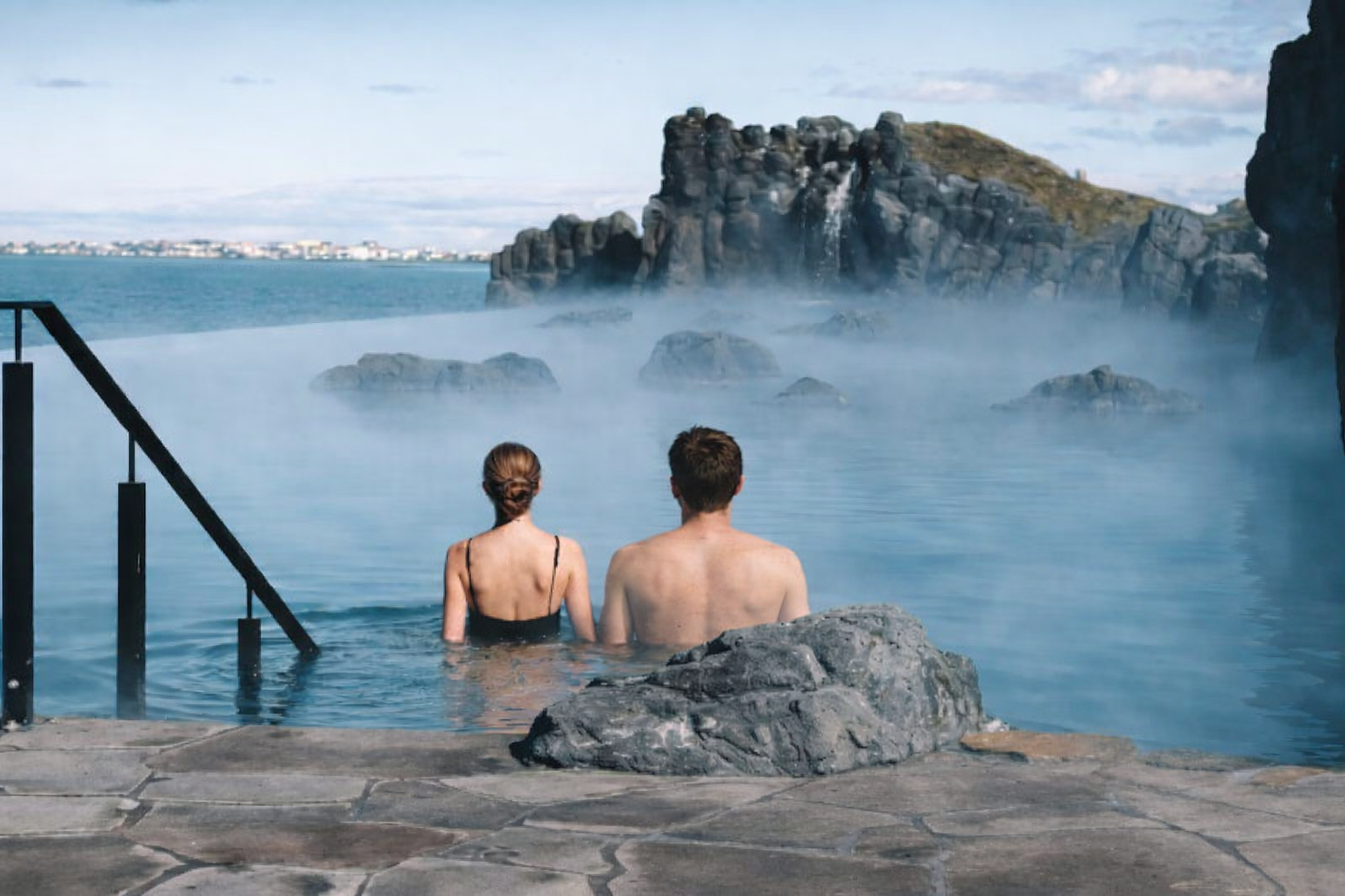 The milky blue waters of the Blue Lagoon geothermal spa