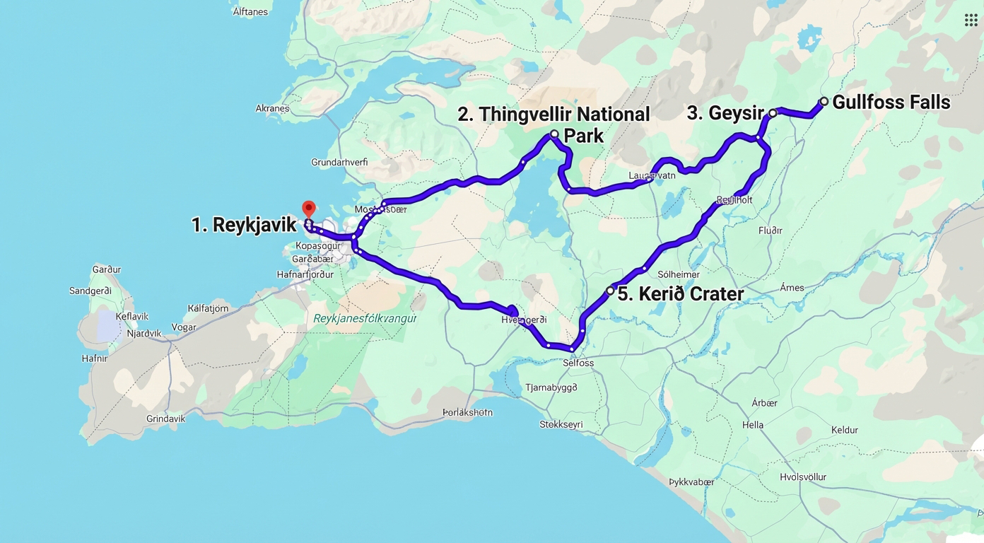 Map of Iceland's Golden Circle route showing stops in order
