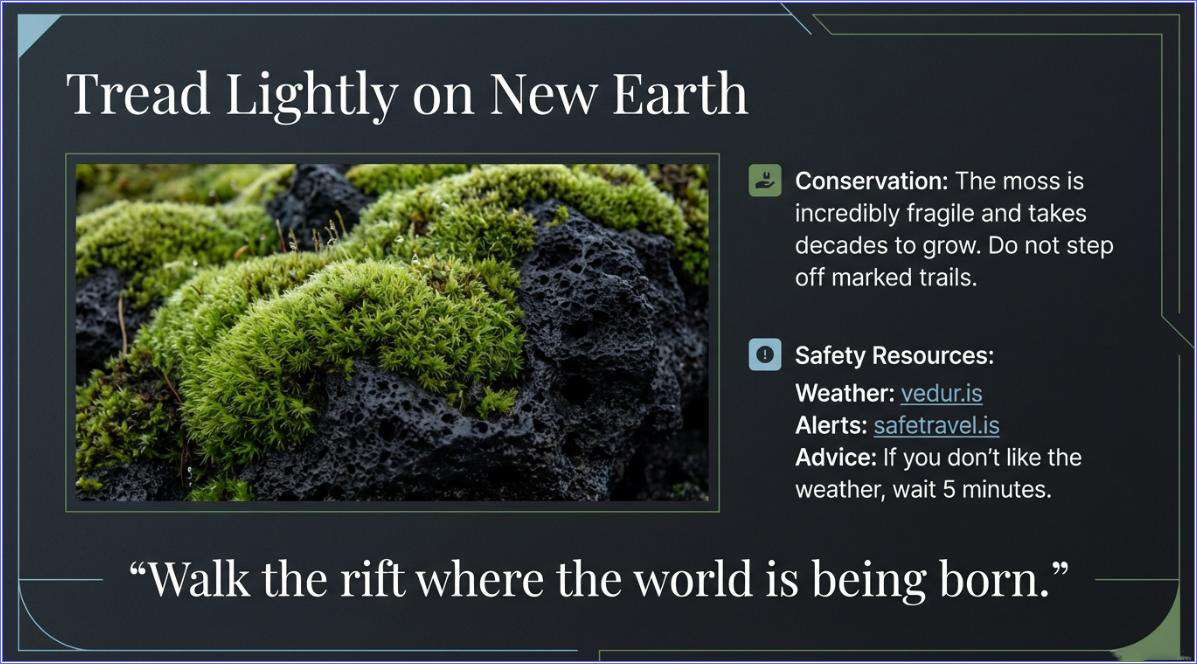 Close-up of fragile Icelandic moss growing on volcanic lava rock at Þingvellir — conservation notice reminding visitors to stay on marked trails and tread lightly