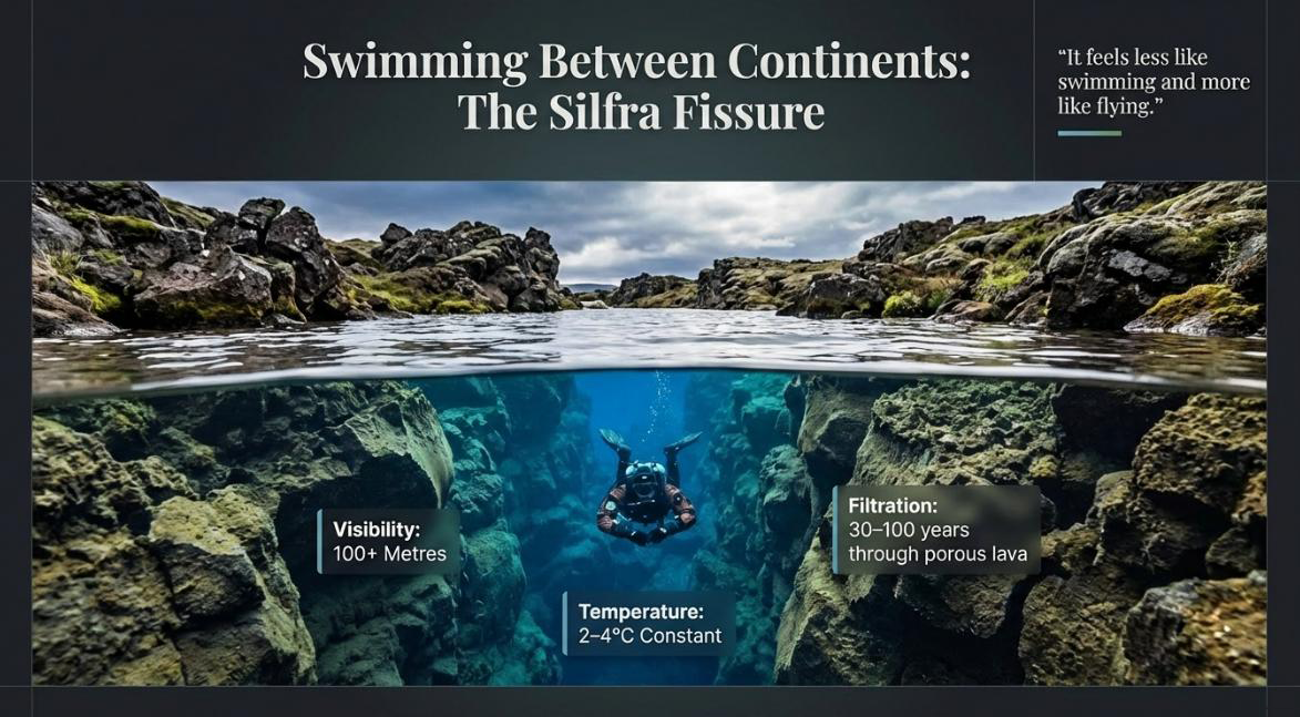 Diver swimming between tectonic plates at Silfra fissure in Þingvellir — split view showing crystal-clear underwater visibility of 100+ metres above rocky lava walls, with water temperature of 2–4°C