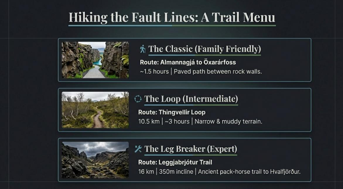 Þingvellir hiking trail menu showing three routes — The Classic family-friendly Almannagjá to Öxarárfoss walk, the intermediate 10.5 km Thingvellir Loop, and the expert 16 km Leggjabrjótur Leg Breaker trail