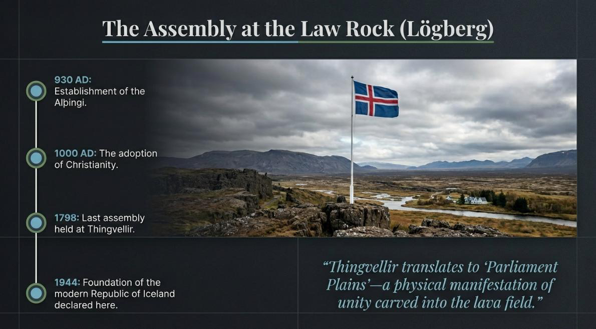 Timeline of Þingvellir history showing the Icelandic flag at Law Rock — 930 AD Alþingi founded, 1000 AD Christianity adopted, 1798 last assembly, 1944 Republic of Iceland declared