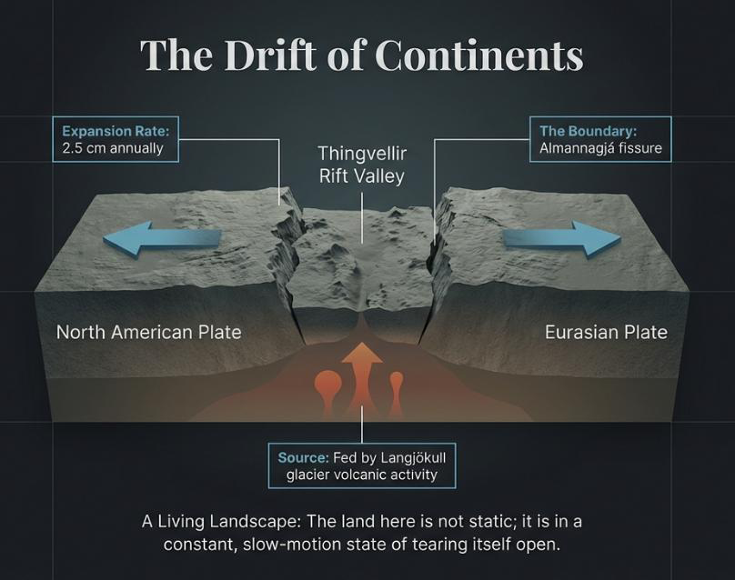 3D diagram showing the North American and Eurasian tectonic plates drifting apart at Þingvellir rift valley, expanding 2.5 cm per year with the Almannagjá fissure boundary