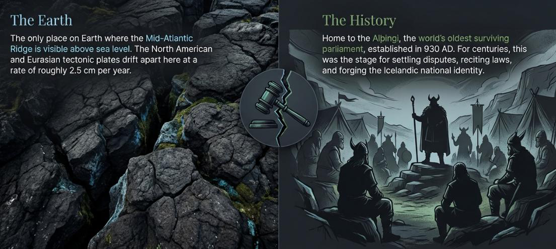 Þingvellir National Park explained — tectonic plate geology on the left showing the Mid-Atlantic Ridge, and Viking Alþingi parliament history on the right